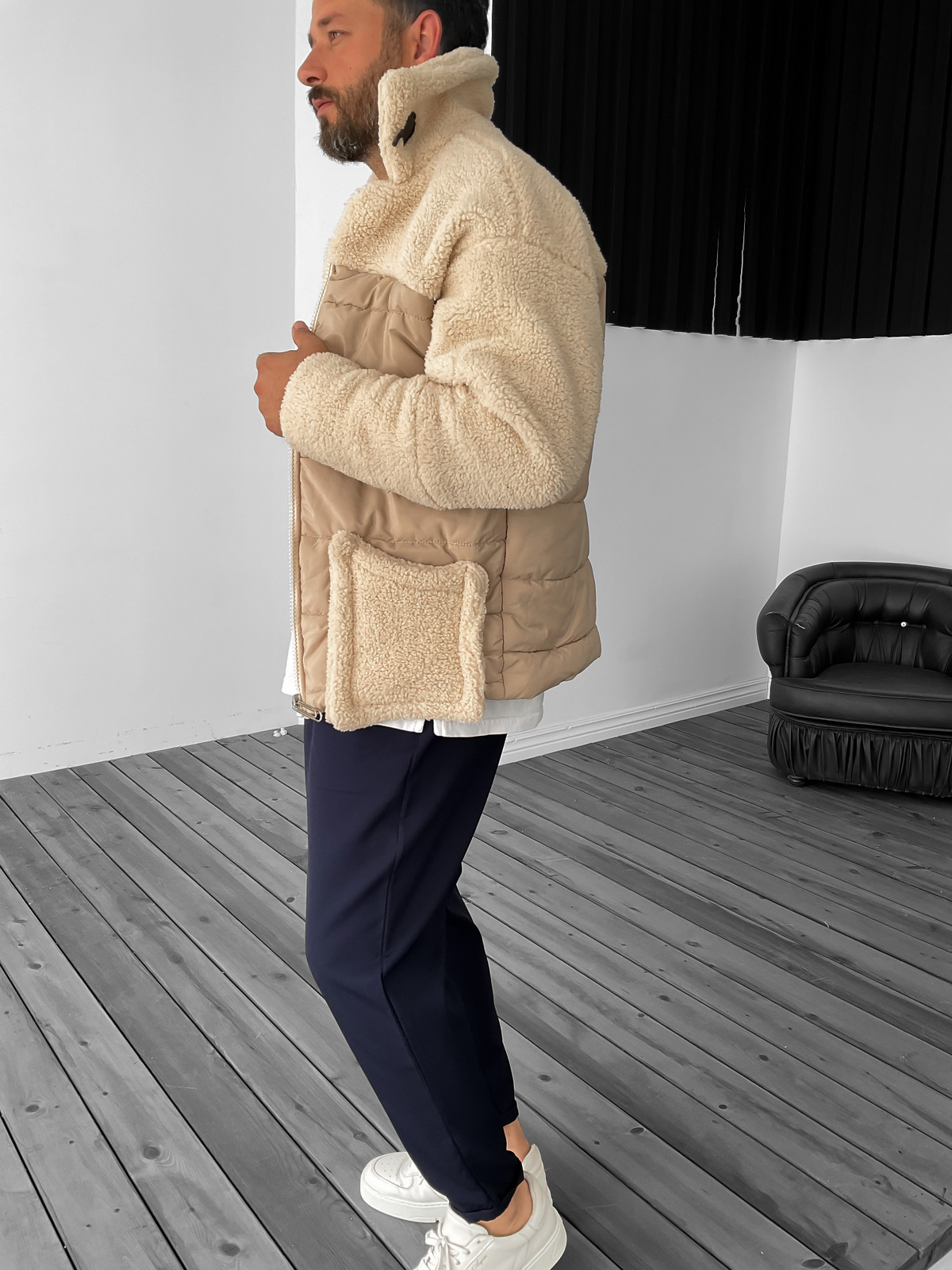 Bej Peluş Cepli Fermuarlı Ceket RC-2381