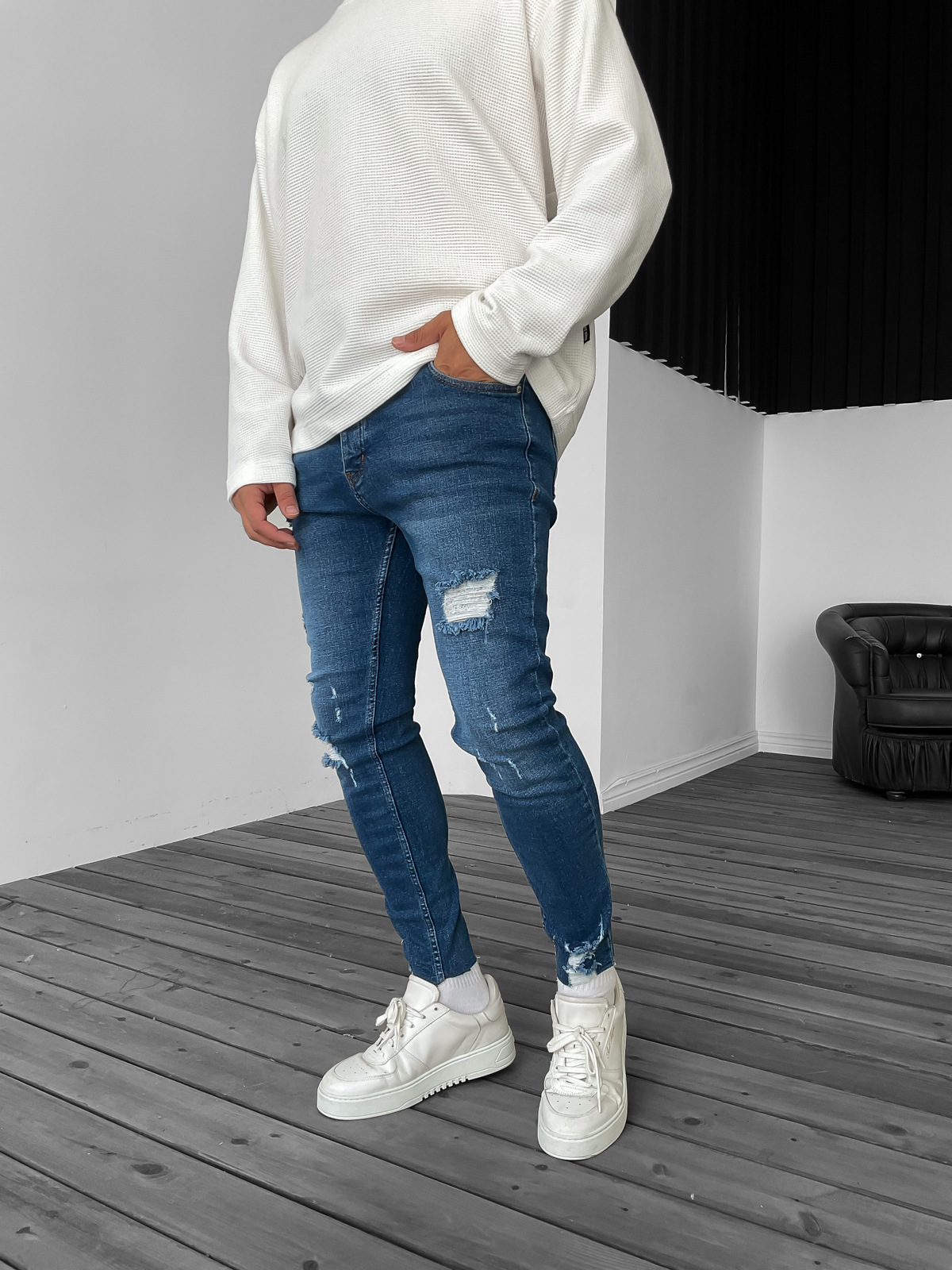 Koyu Mavi Paça Yırtıklı Slim Fit Jean KE-065