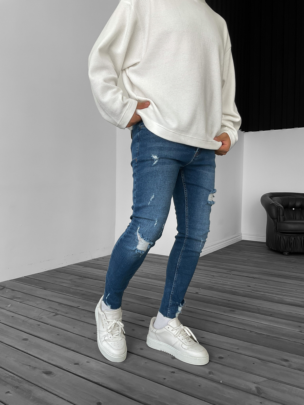 Koyu Mavi Paça Yırtıklı Slim Fit Jean KE-065