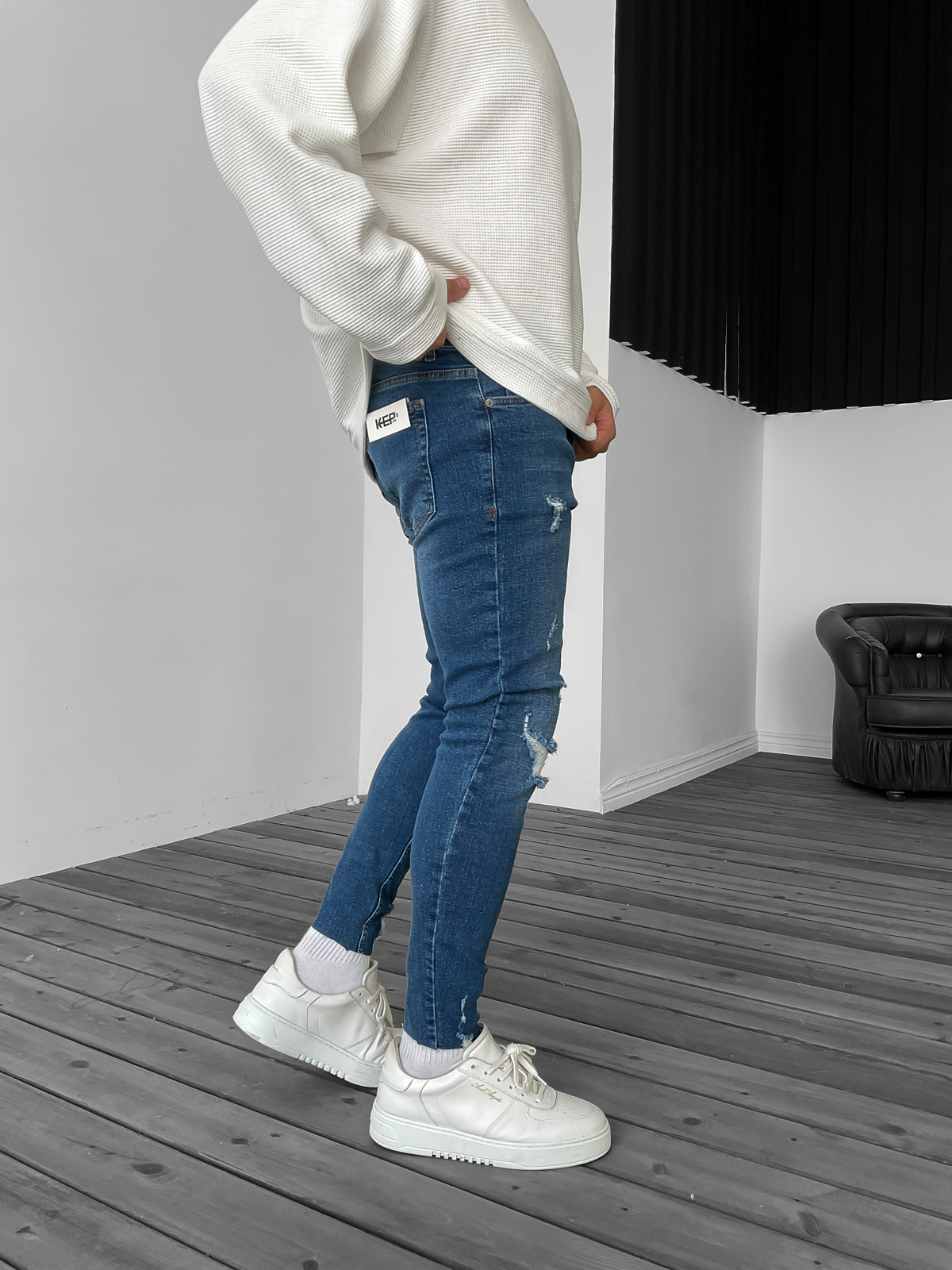 Koyu Mavi Paça Yırtıklı Slim Fit Jean KE-065
