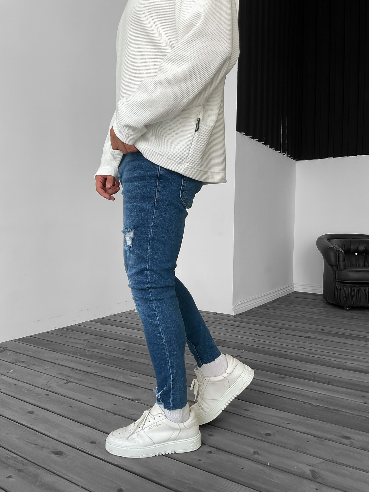 Koyu Mavi Paça Yırtıklı Slim Fit Jean KE-065