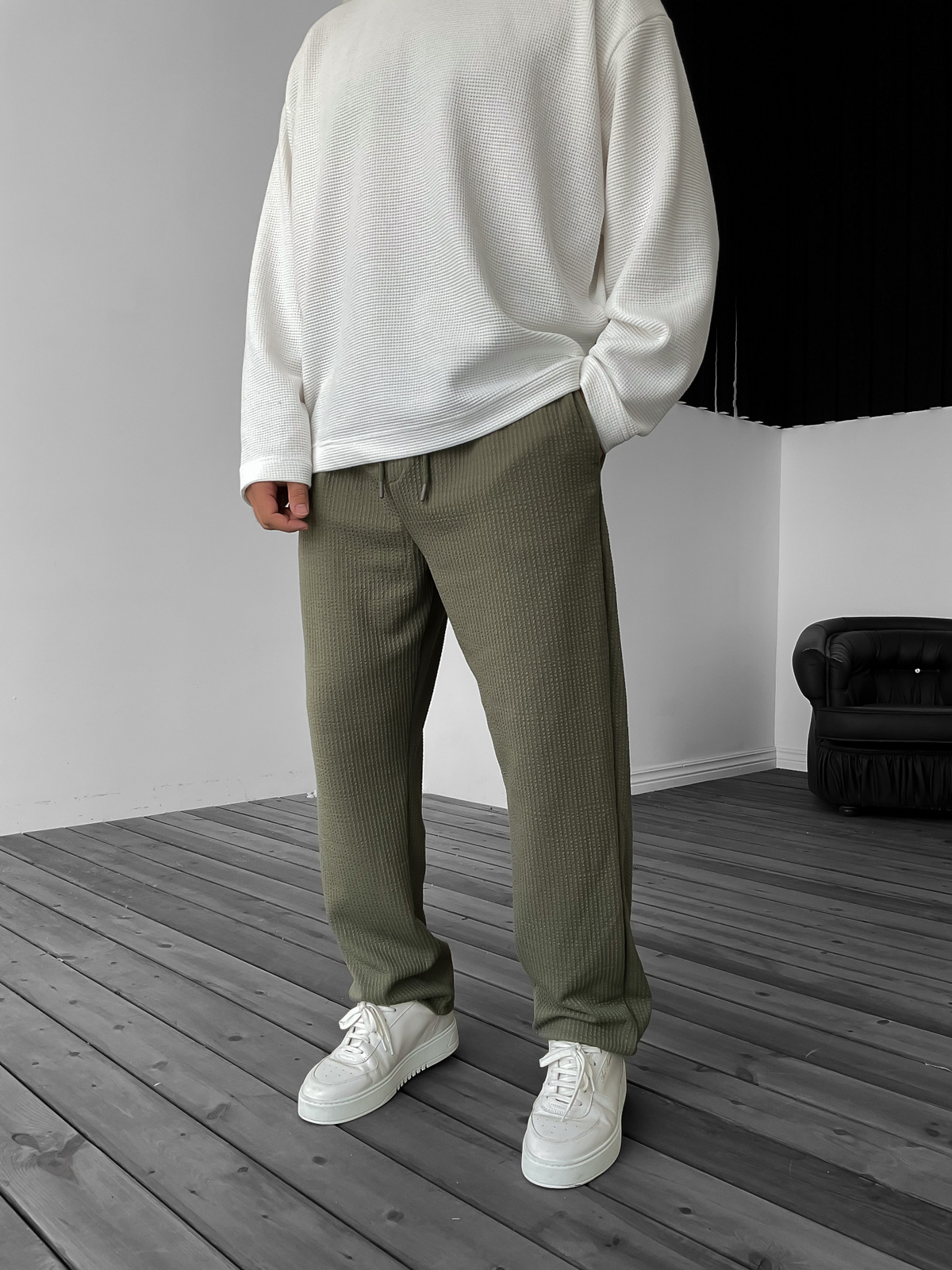 Haki Kabartmalı Boru Paça Pantolon KE-5030