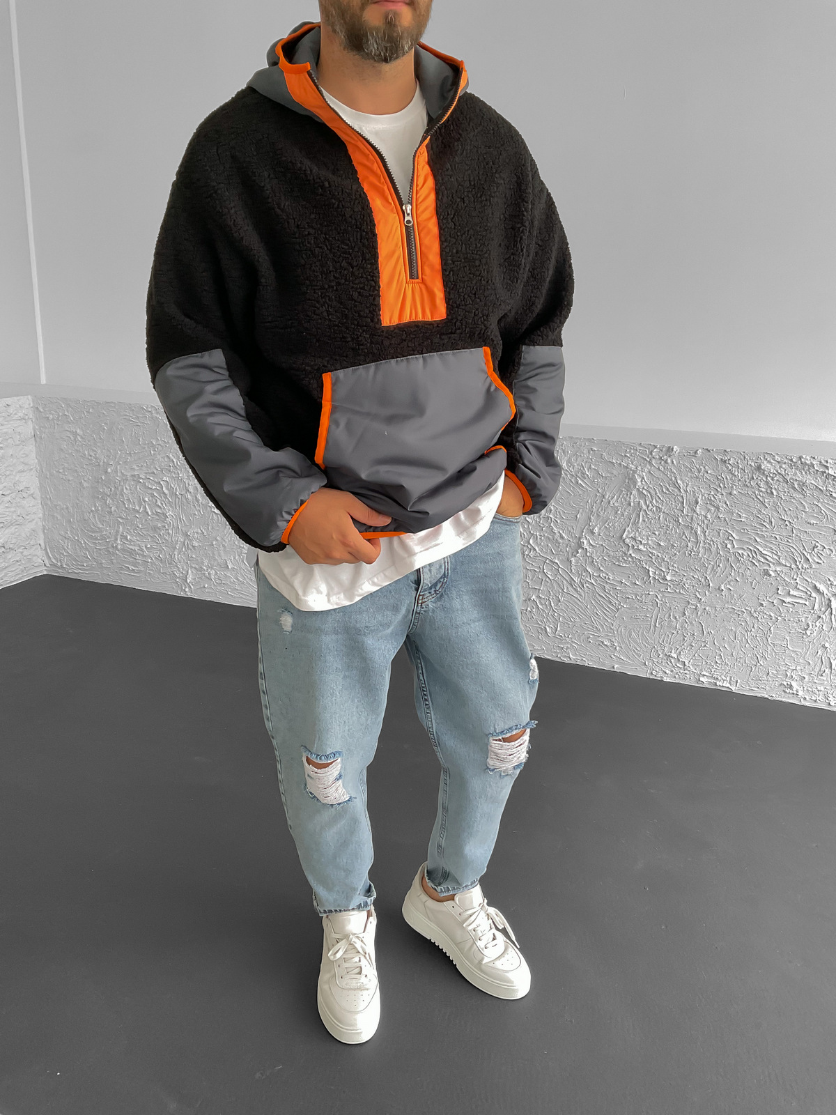 Siyah Kapüşonlu Peluş Sweat LS-05609