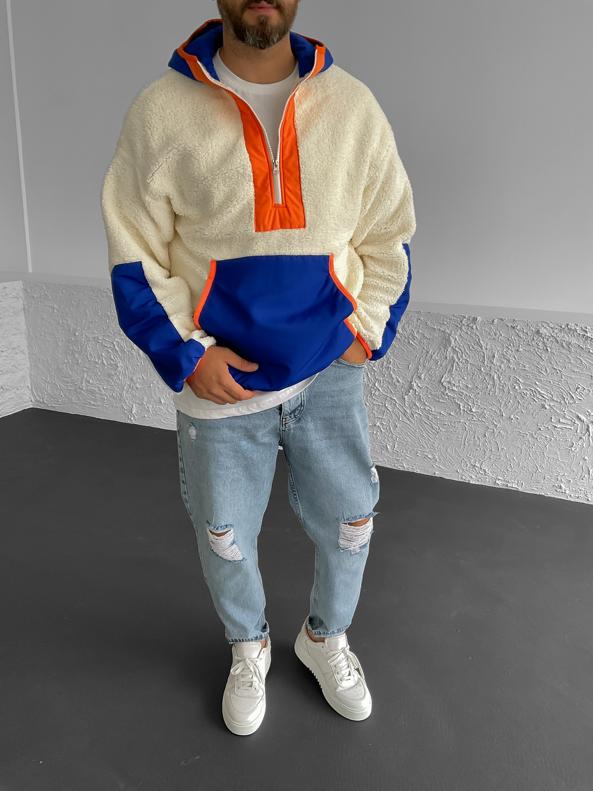 Ekru Kapüşonlu Peluş Sweat LS-05609