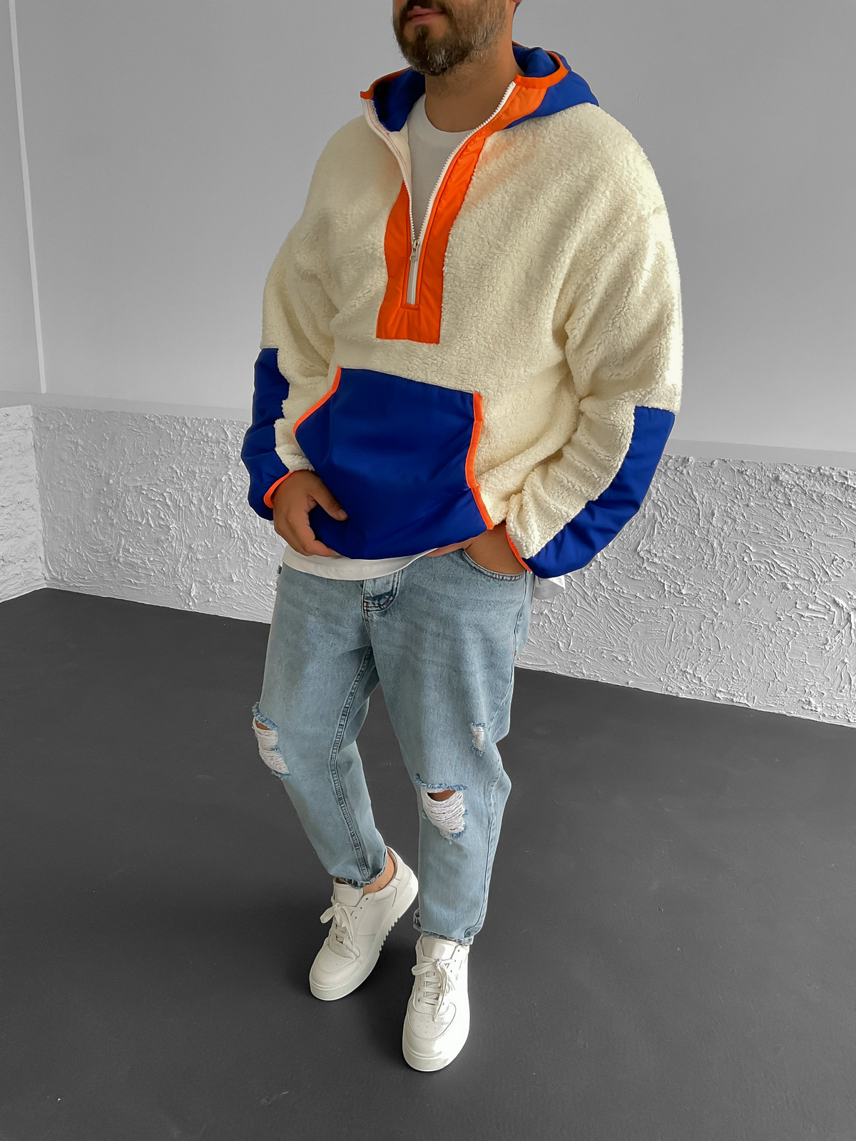 Ekru Kapüşonlu Peluş Sweat LS-05609