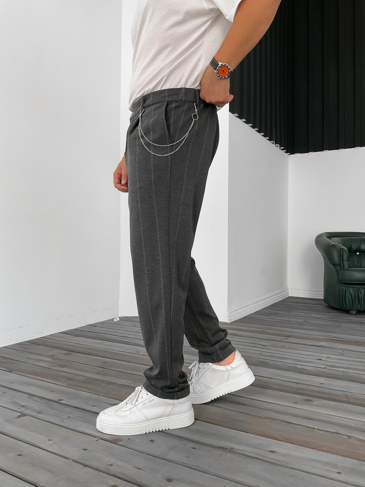 Antrasit Düz Kesim Çizgili Pantolon B-3082