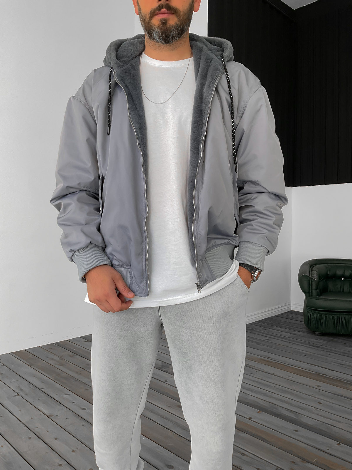 Gri Çift Taraflı Kapüşonlu Mont LS-87006