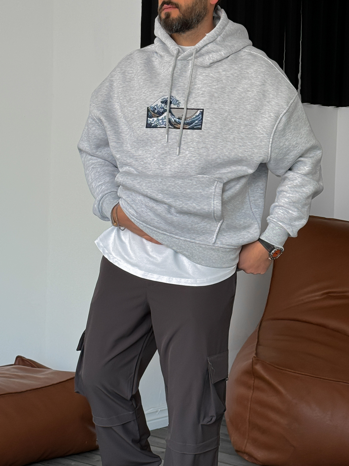 Gri Wave Nakışlı Kapüşonlu Sweat B-2238