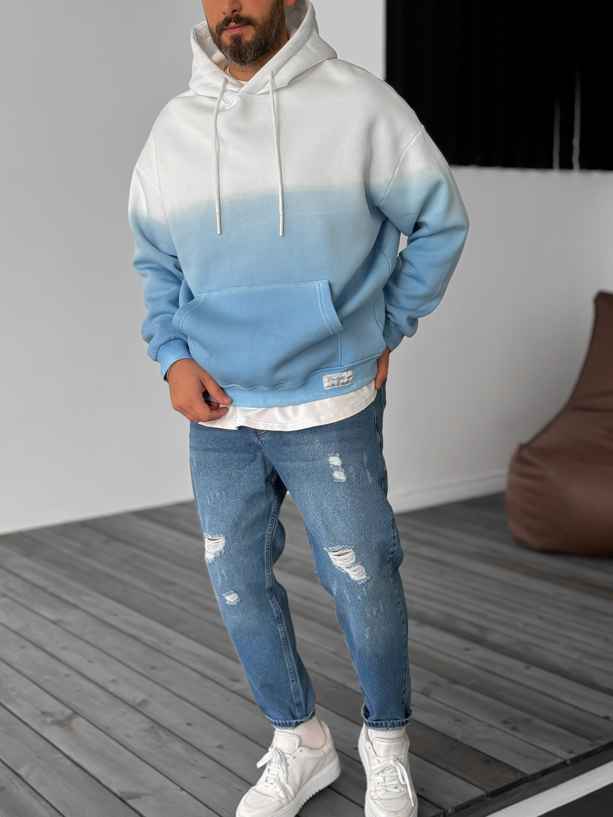 Mavi Gradient Kapüşonlu Sweat V-40-119