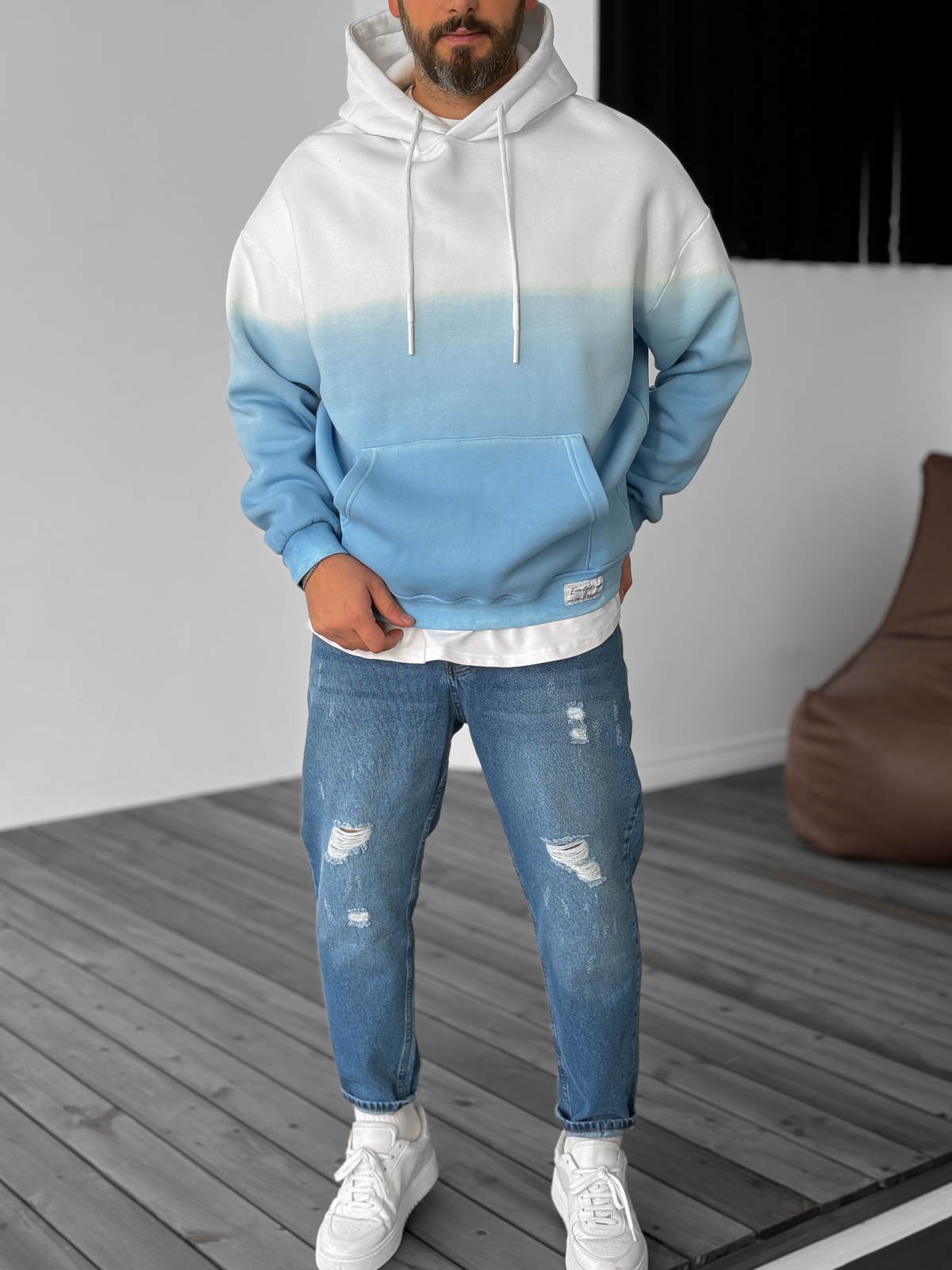 Mavi Gradient Kapüşonlu Sweat V-40-119