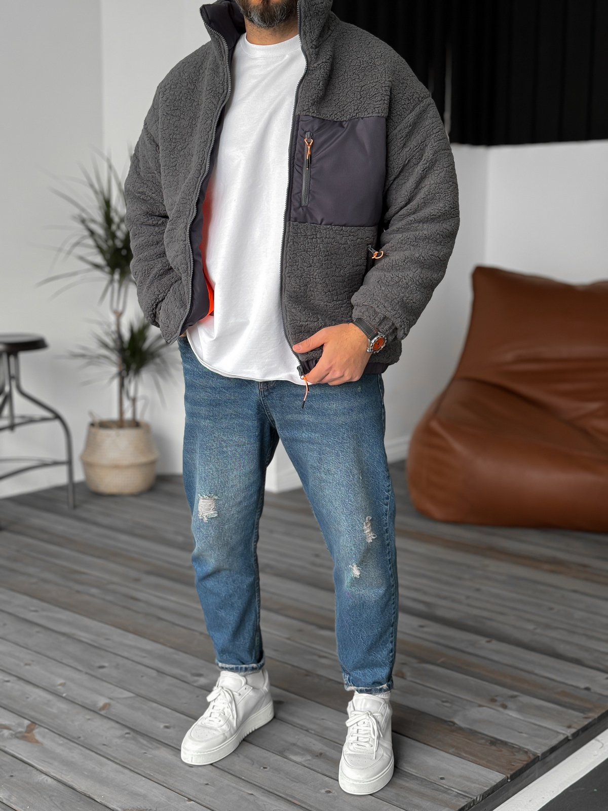 Füme Paraşüt Cepli Peluş Ceket LS-86024