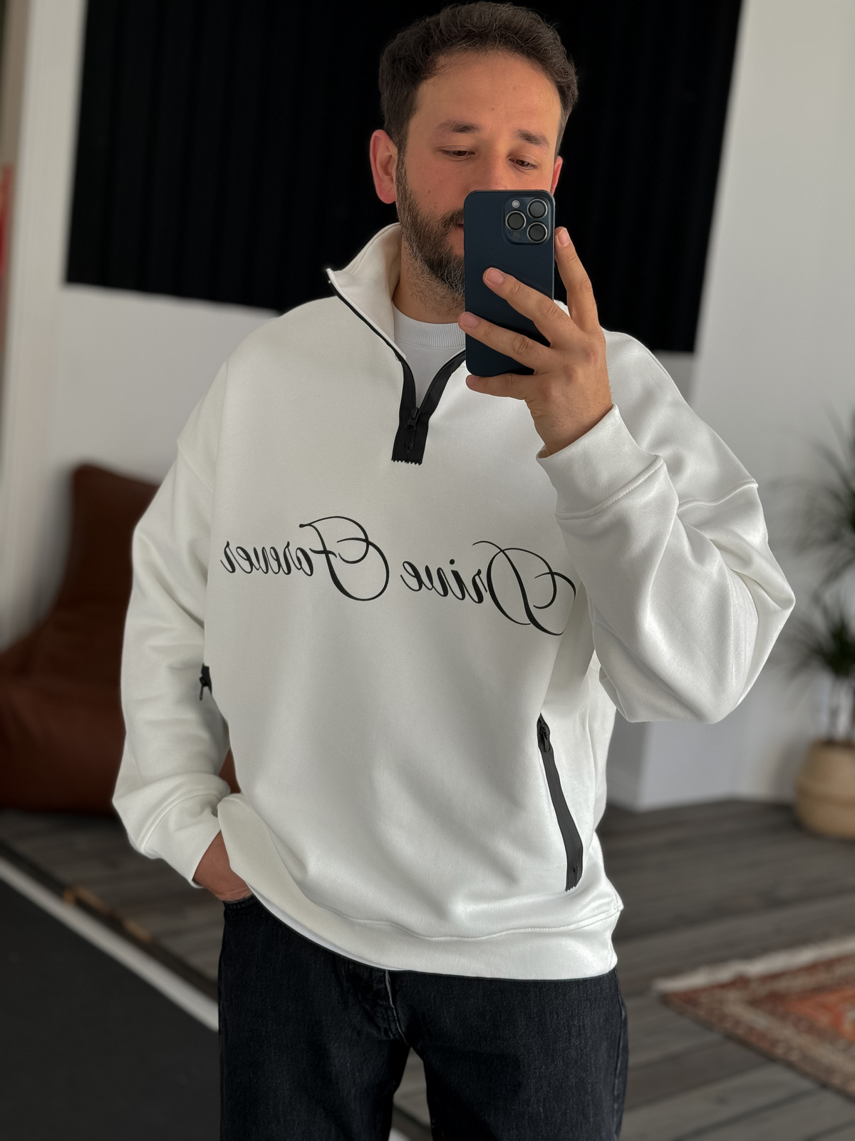Beyaz Heavyweight Fermuarlı Forever Sweat BY-055