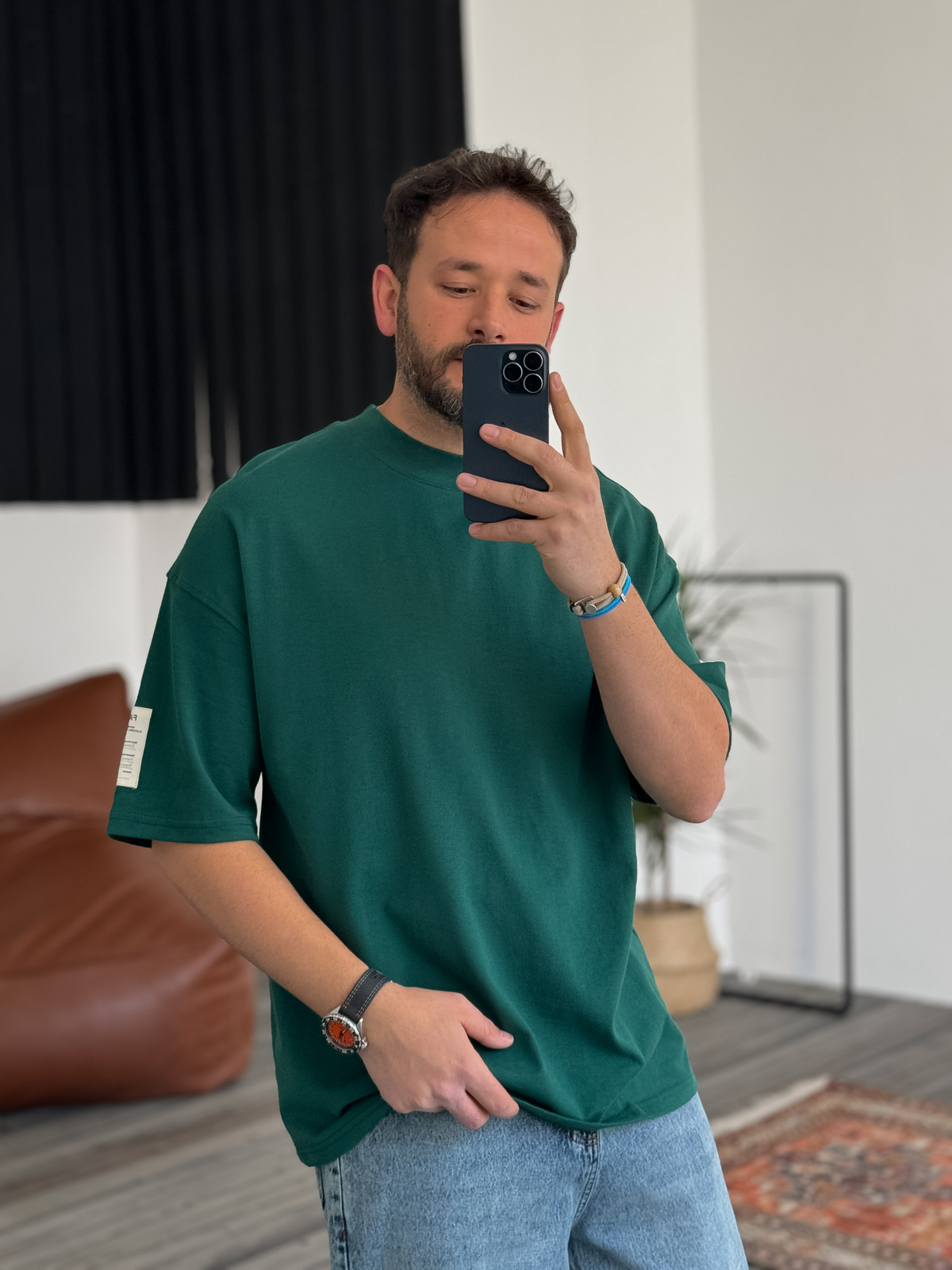 Koyu Yeşil Geniş Yaka Basic T-Shirt V-40-650