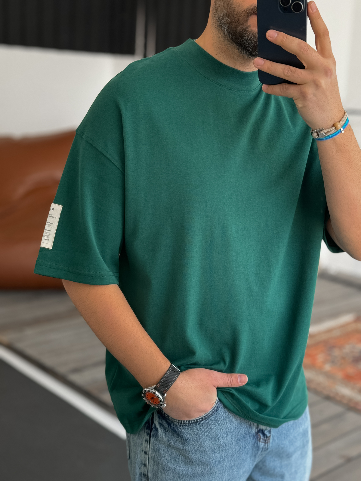 Koyu Yeşil Geniş Yaka Basic T-Shirt V-40-650