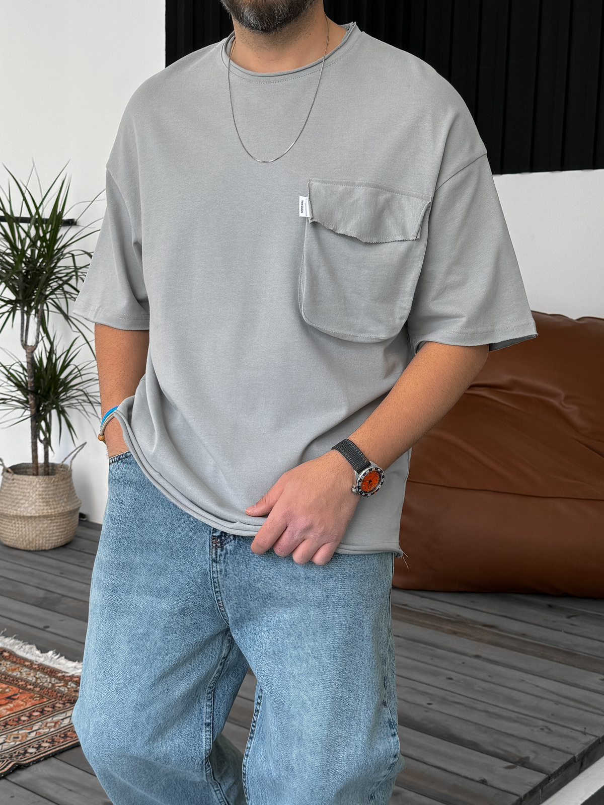 Ice Gri Büyük Cepli Basic T-Shirt V-40-356