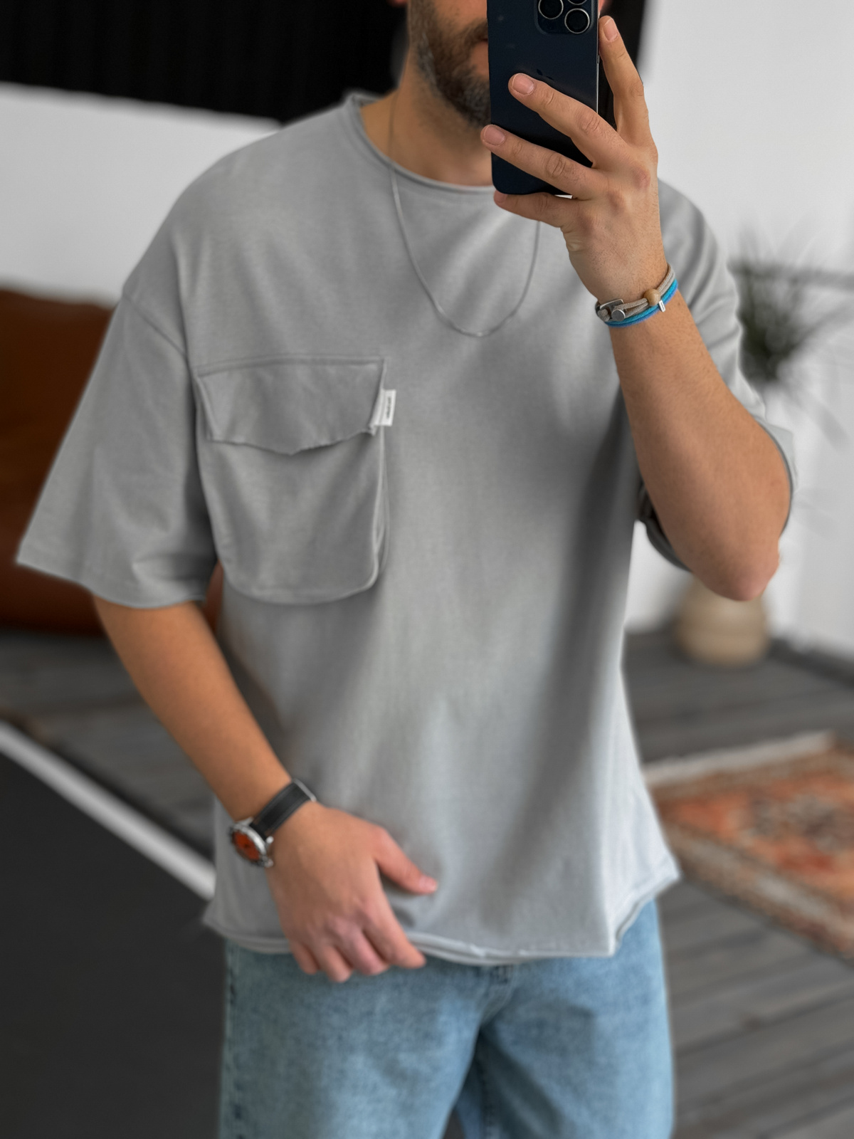 Ice Gri Büyük Cepli Basic T-Shirt V-40-356