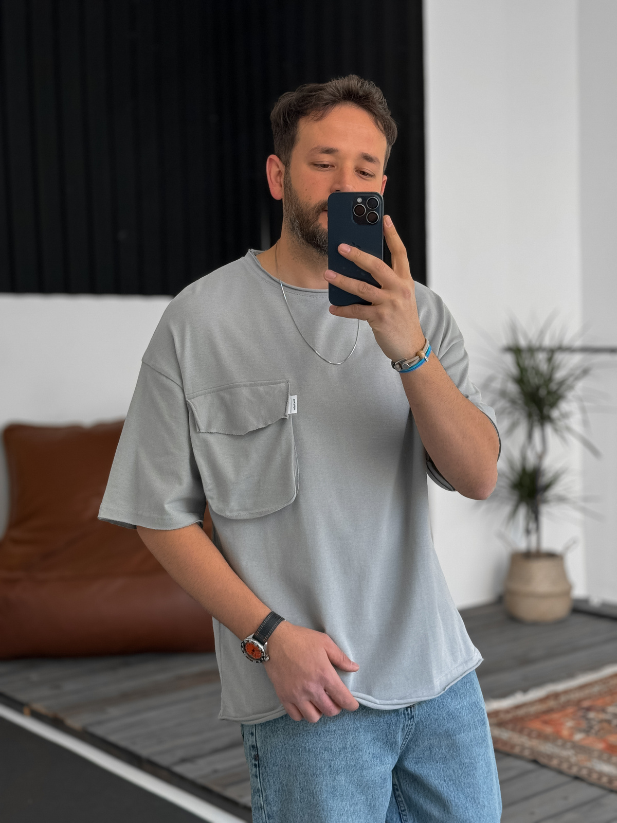 Ice Gri Büyük Cepli Basic T-Shirt V-40-356