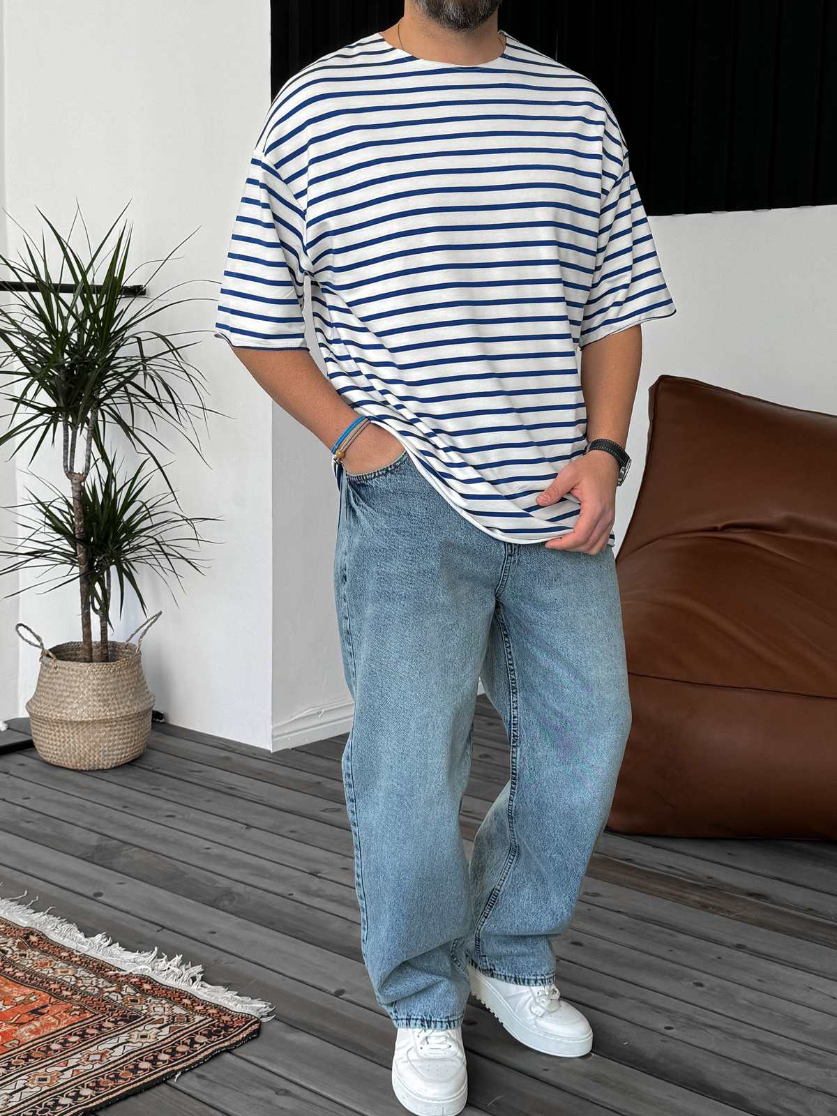 Mavi Çizgili Basic T-Shirt V-40-537