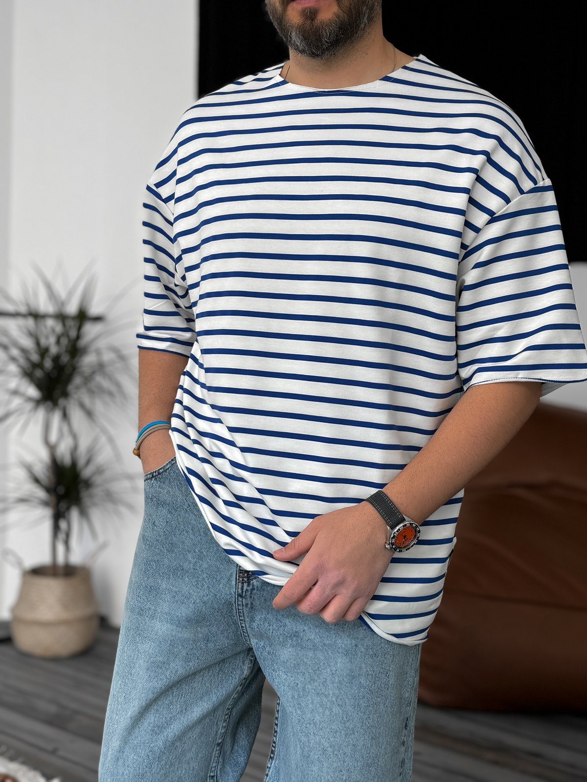 Mavi Çizgili Basic T-Shirt V-40-537