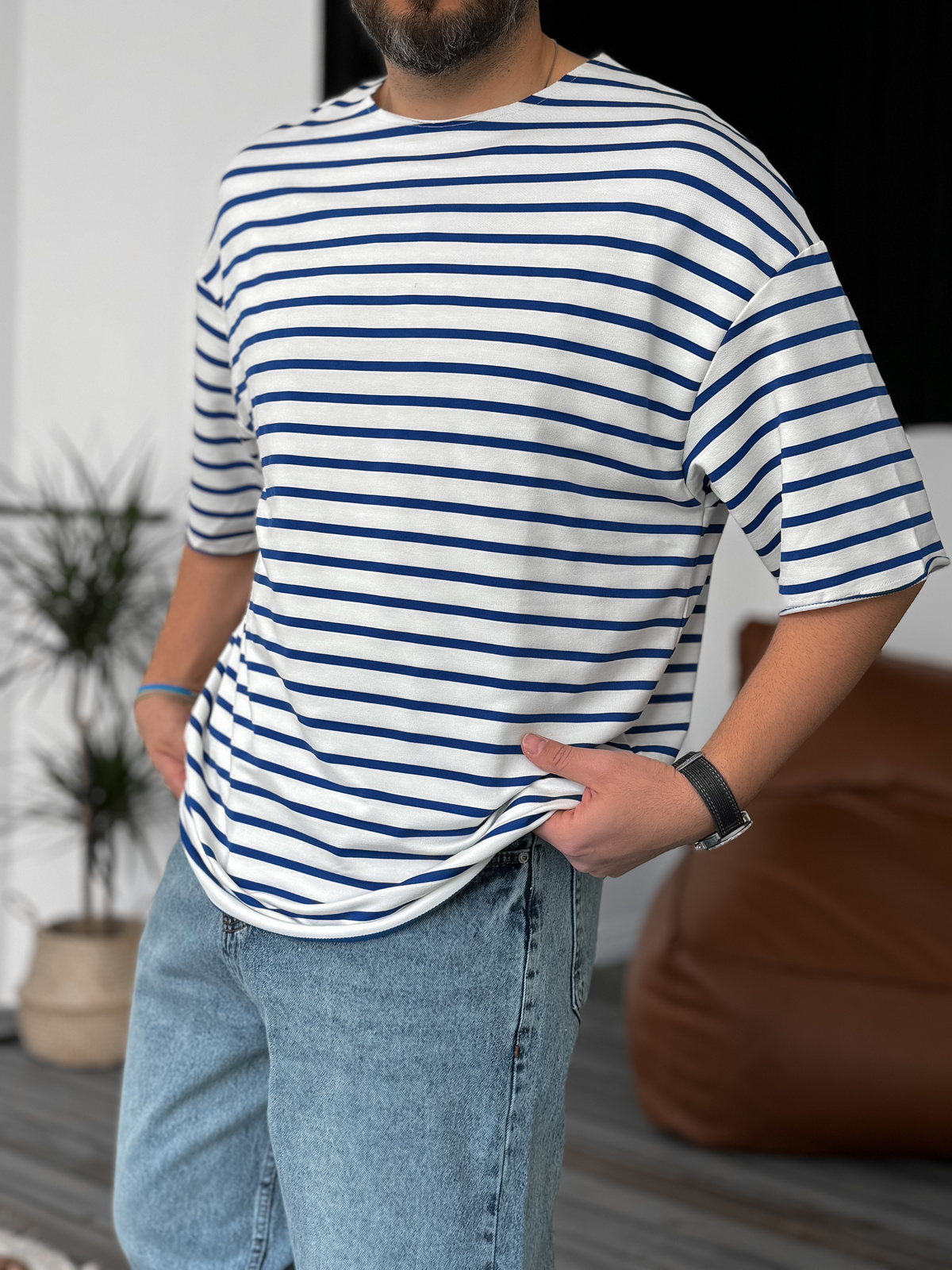 Mavi Çizgili Basic T-Shirt V-40-537