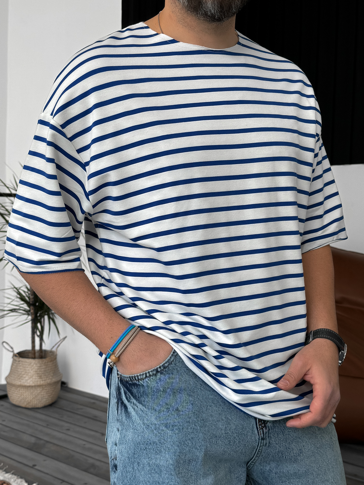 Mavi Çizgili Basic T-Shirt V-40-537