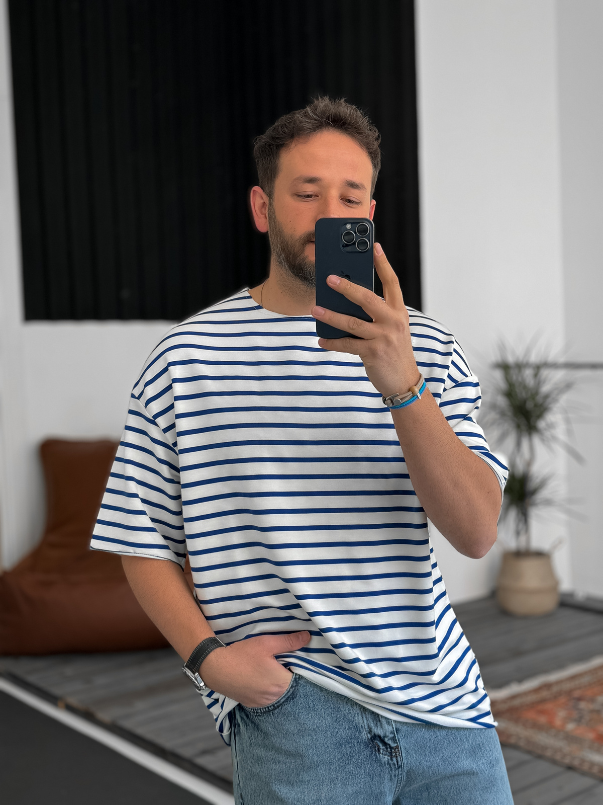 Mavi Çizgili Basic T-Shirt V-40-537