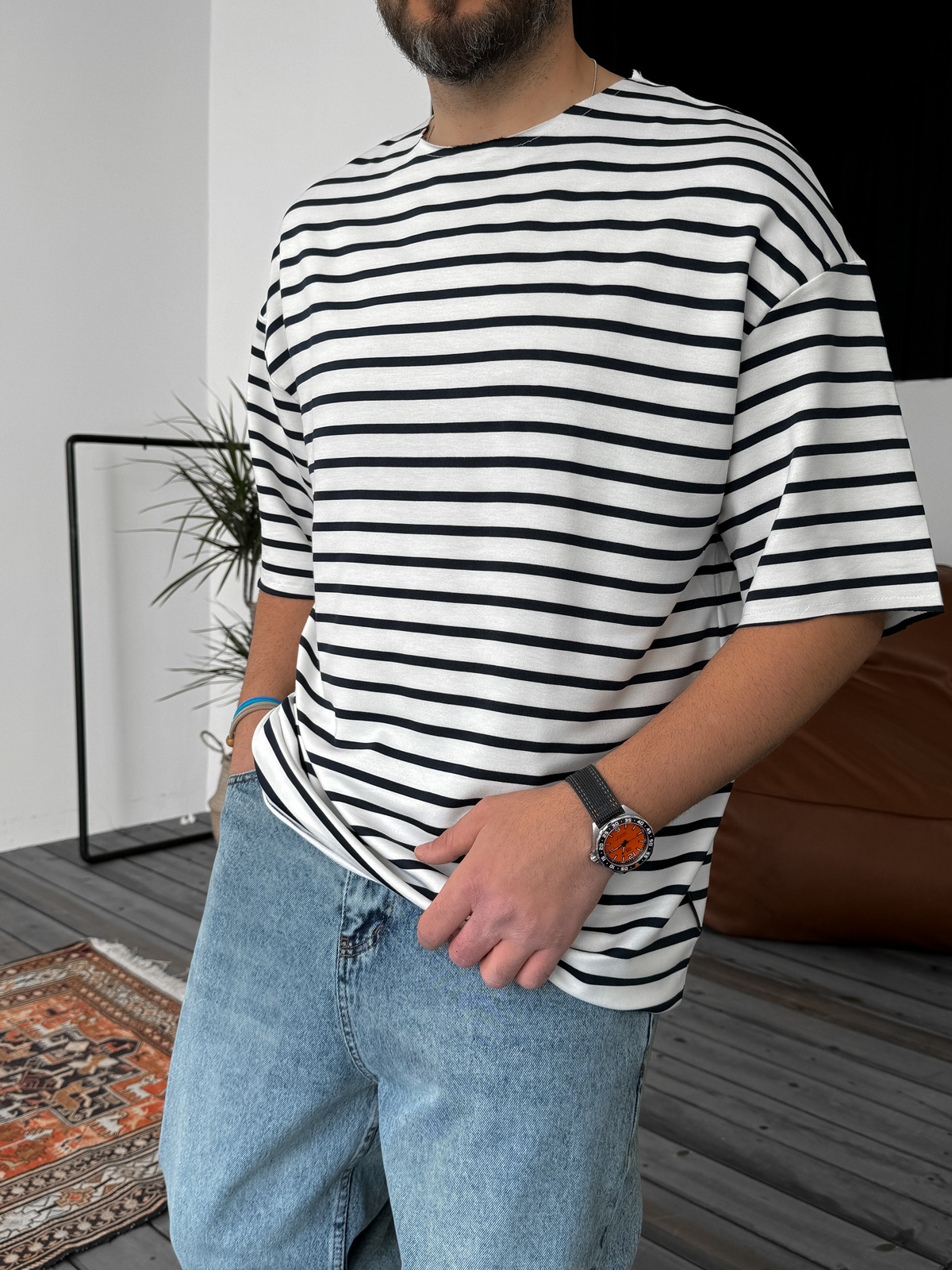 Siyah Çizgili Basic T-Shirt V-40-537