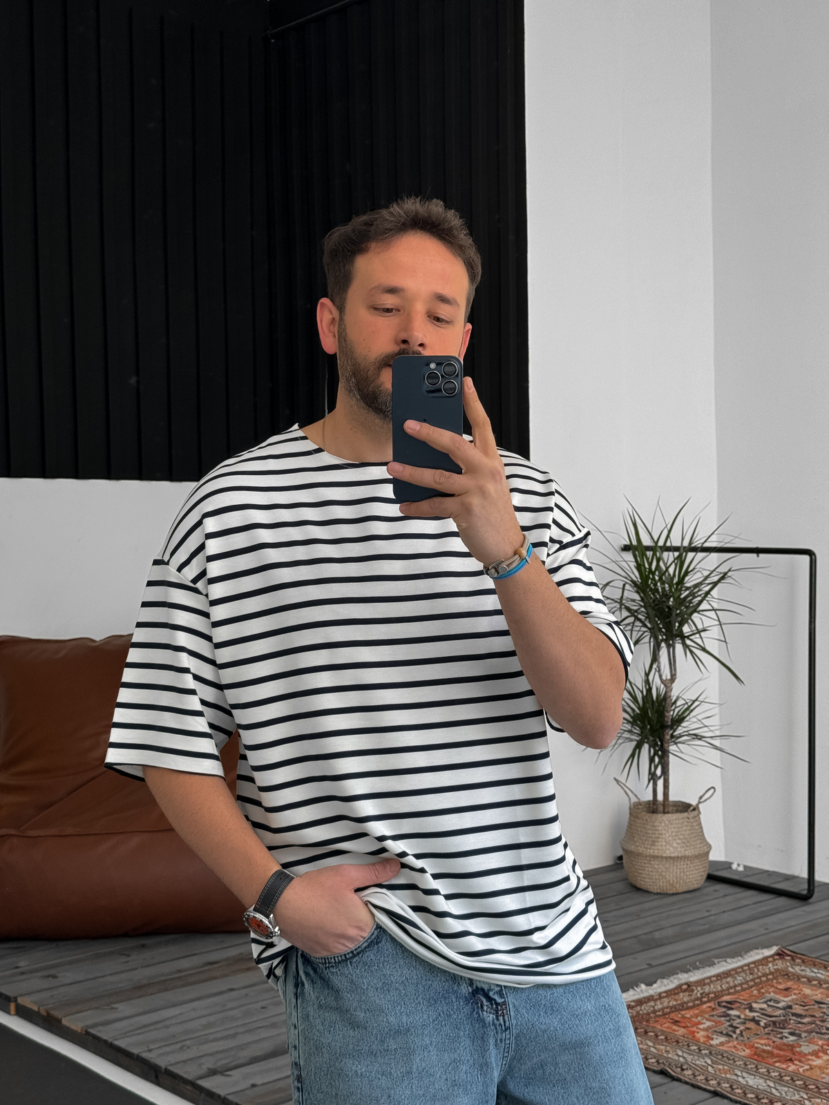 Siyah Çizgili Basic T-Shirt V-40-537