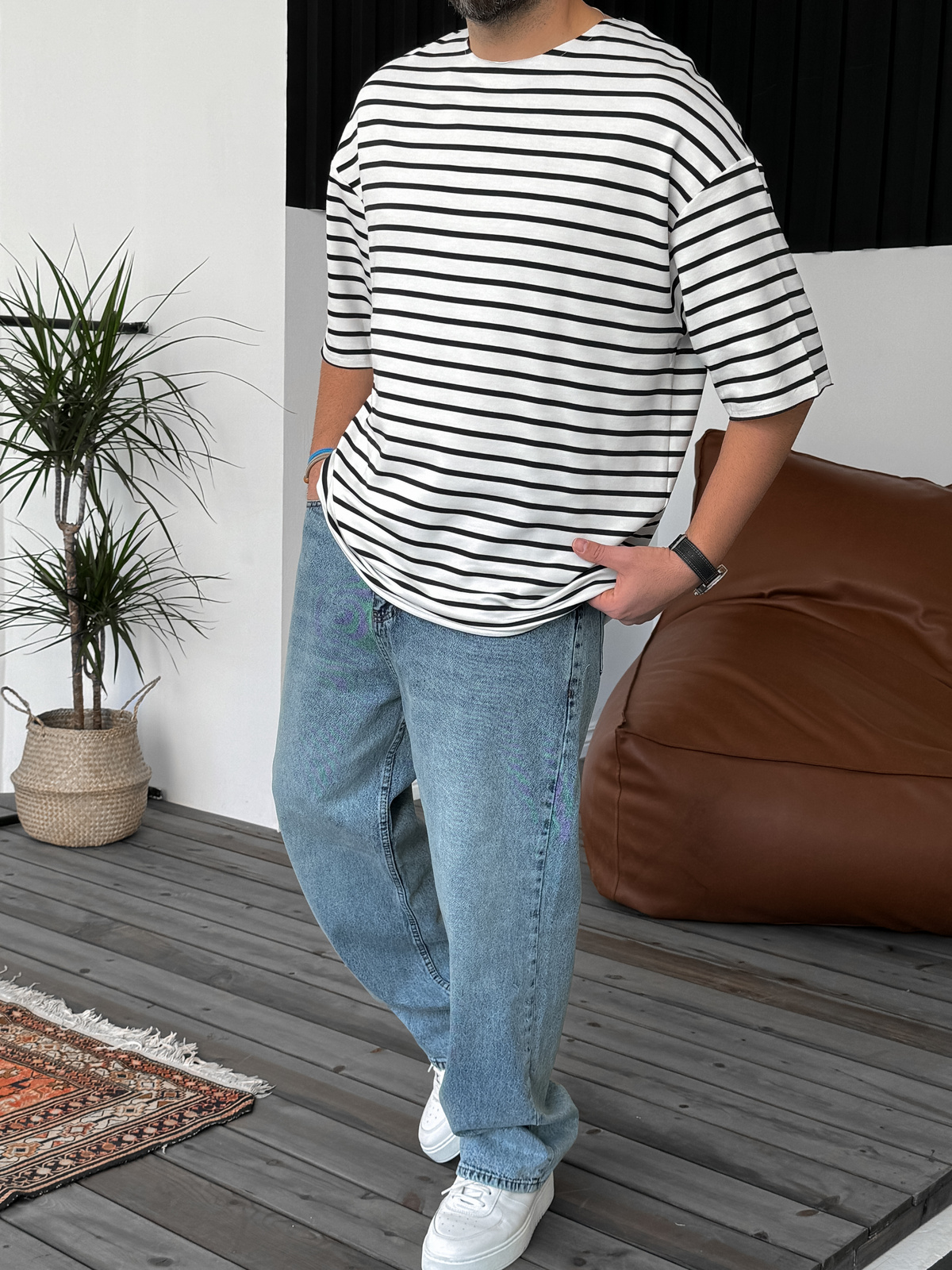 Lacivert Çizgili Basic T-Shirt V-40-537