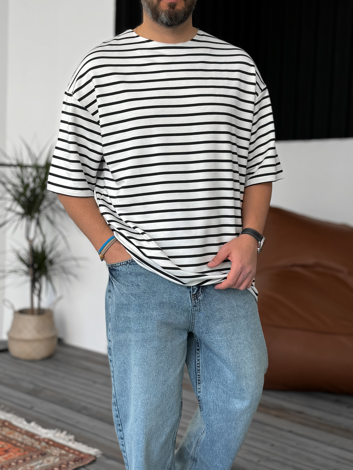 Lacivert Çizgili Basic T-Shirt V-40-537