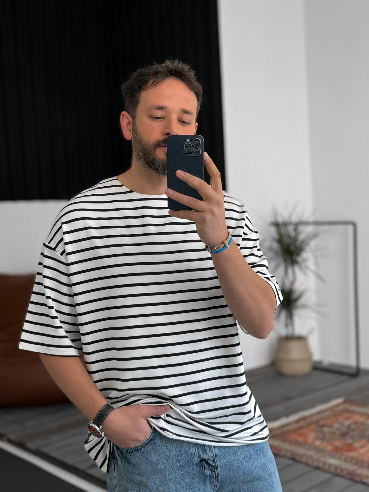 Lacivert Çizgili Basic T-Shirt V-40-537
