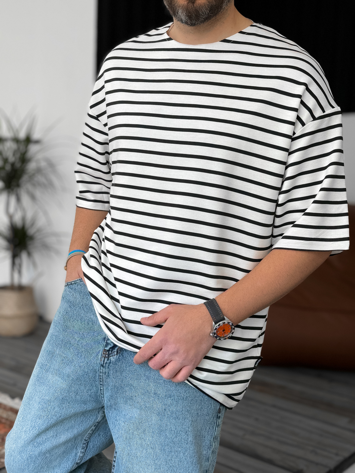 Lacivert Çizgili Basic T-Shirt V-40-537