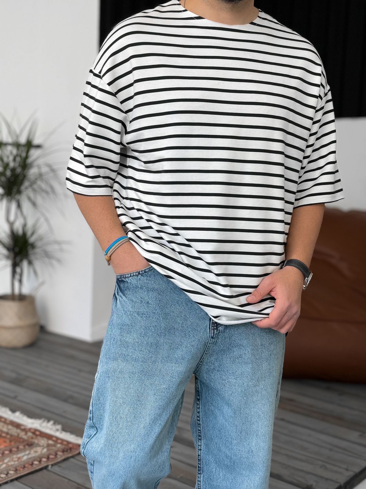 Lacivert Çizgili Basic T-Shirt V-40-537