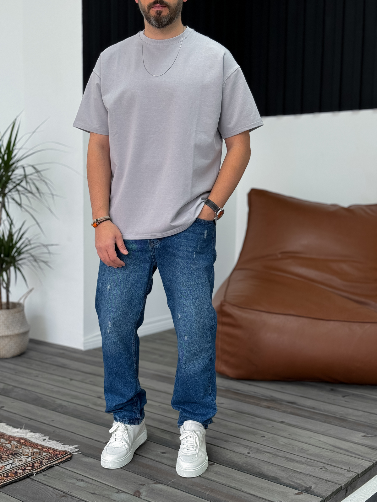 Ice Gri İki İplik Basic T-Shirt V2 JJ-692