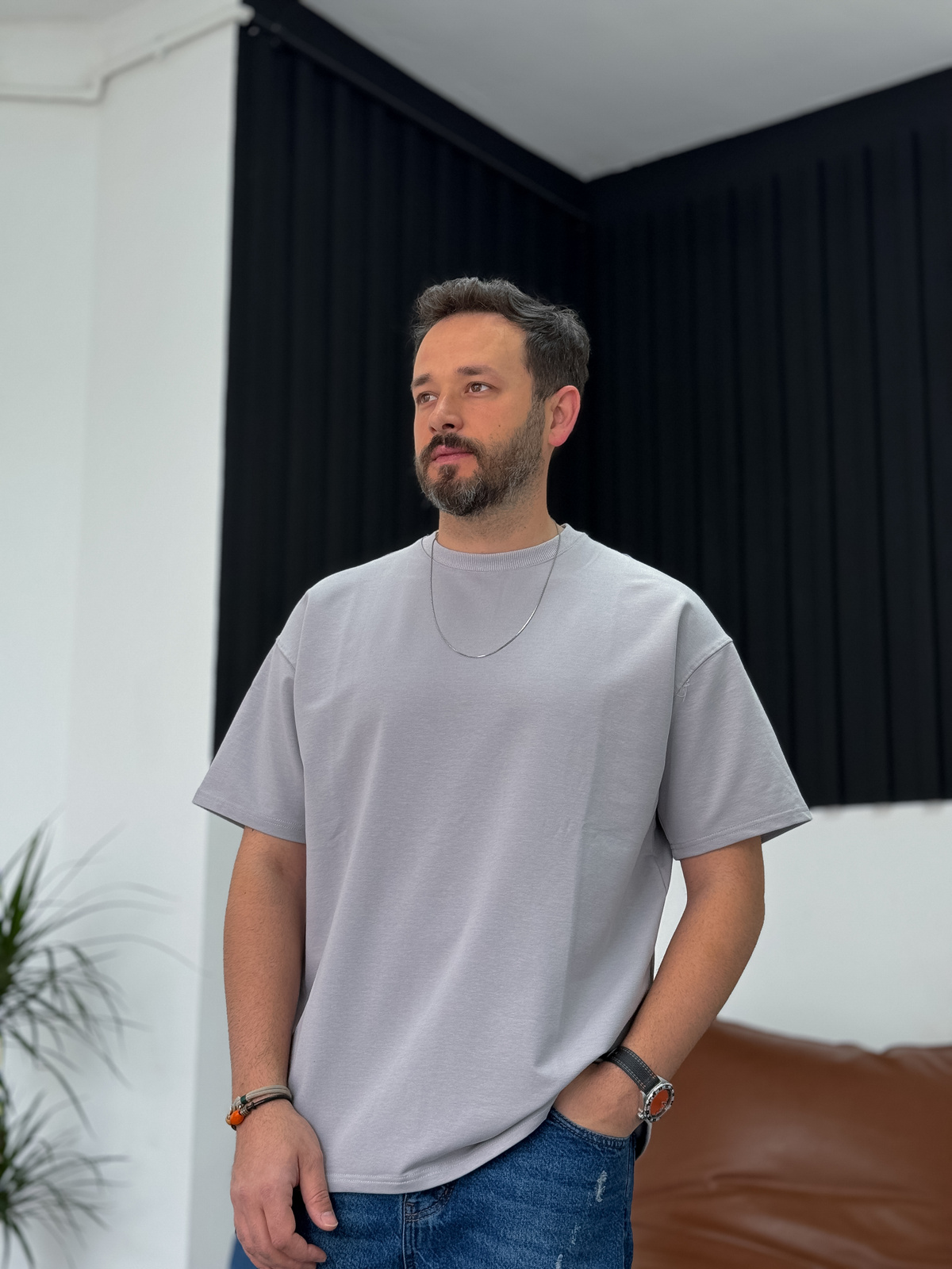 Ice Gri İki İplik Basic T-Shirt V2 JJ-692