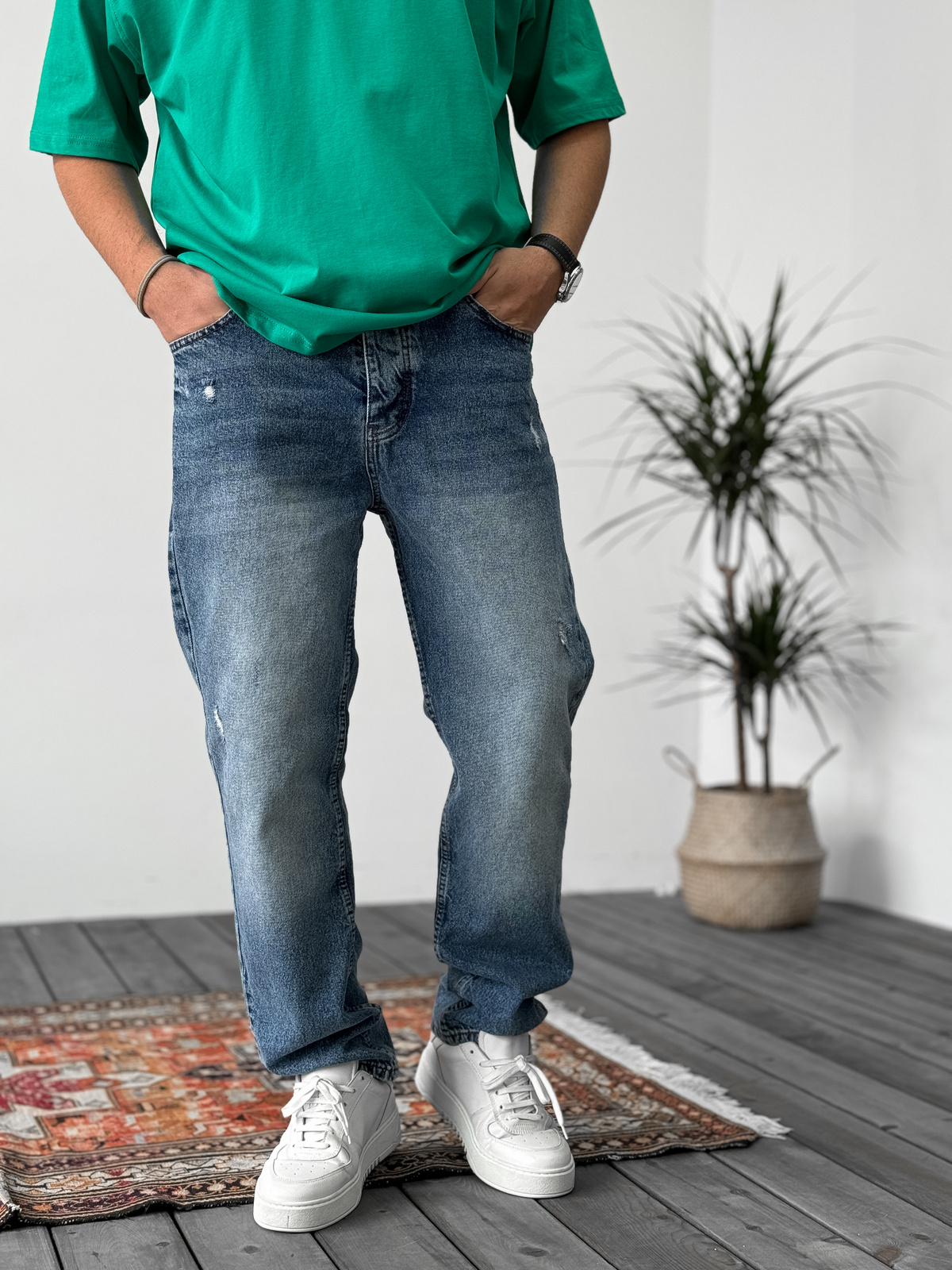 Mavi Yıkamalı Yırtıklı Baggy Jean KE-275