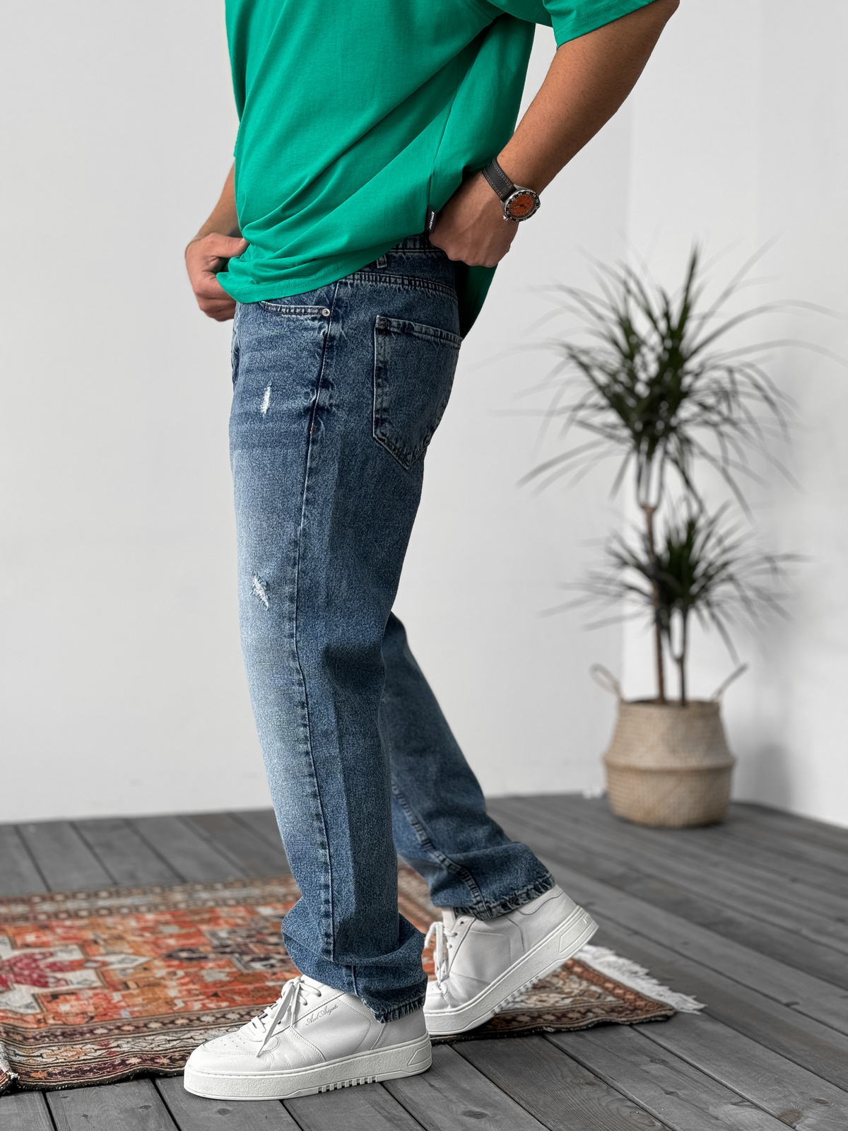 Mavi Yıkamalı Yırtıklı Baggy Jean KE-275