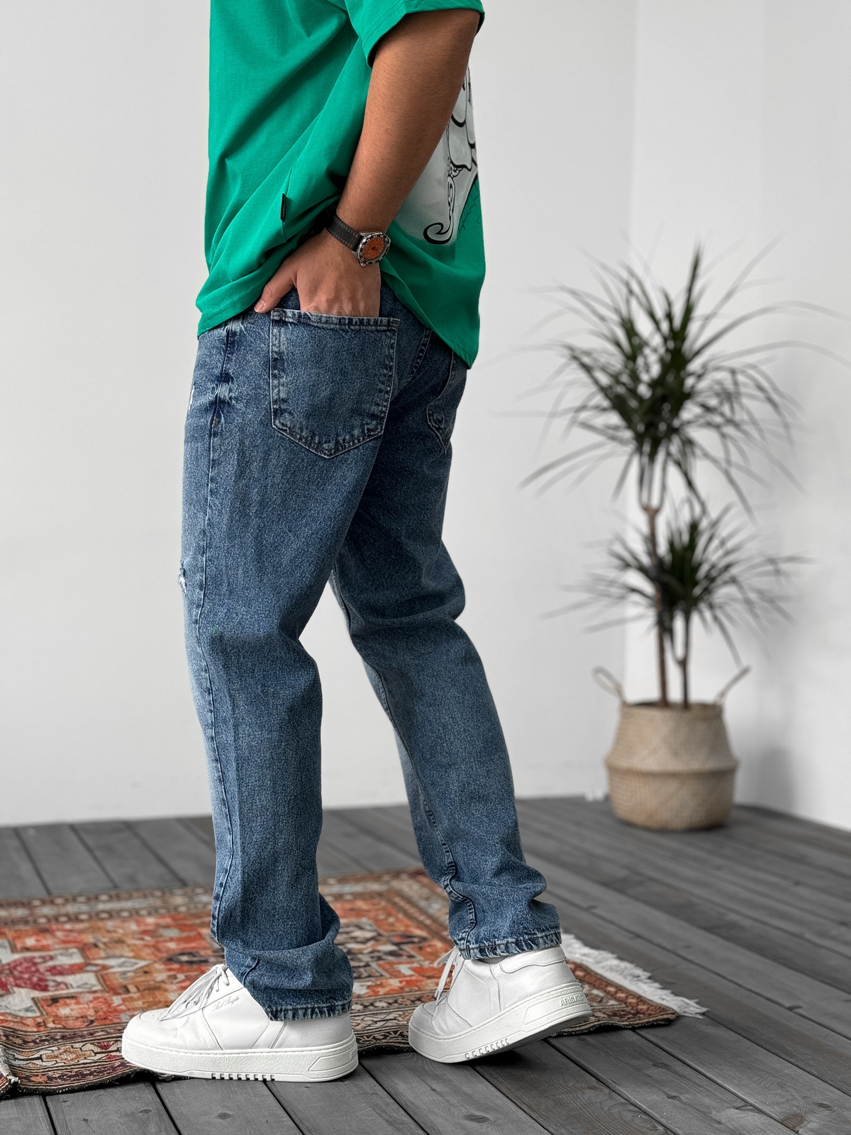 Mavi Yıkamalı Yırtıklı Baggy Jean KE-275