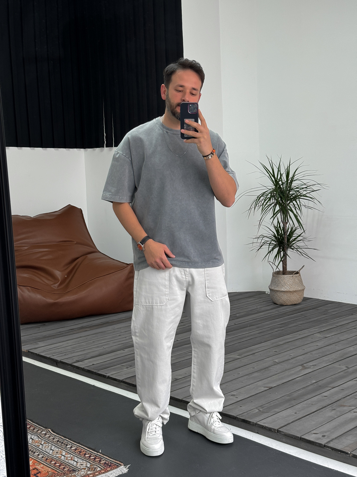 Gri Yıkamalı Oversize Basic Cotton T-Shirt DF-1219