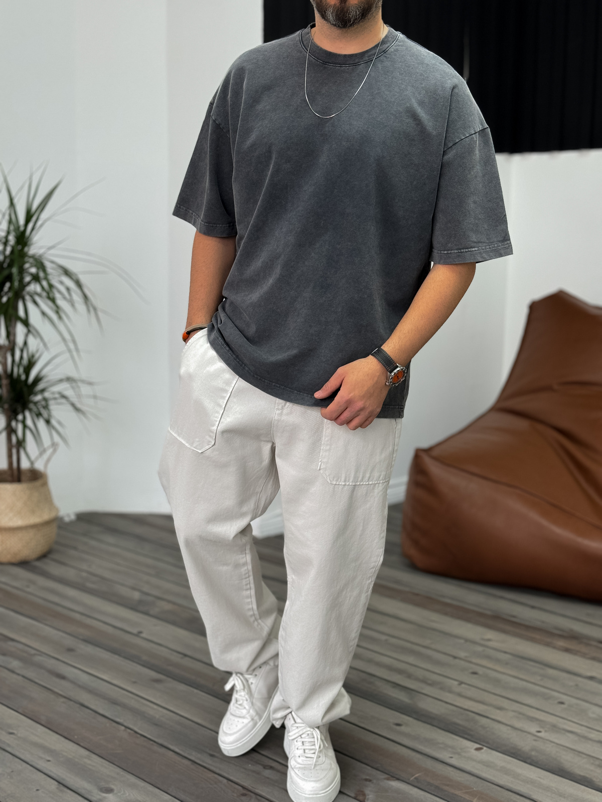 Antrasit Yıkamalı Oversize Basic Cotton T-Shirt DF-1219