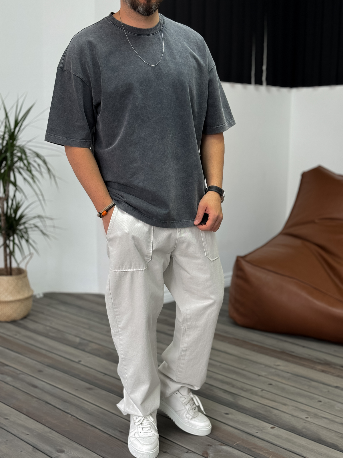 Antrasit Yıkamalı Oversize Basic Cotton T-Shirt DF-1219