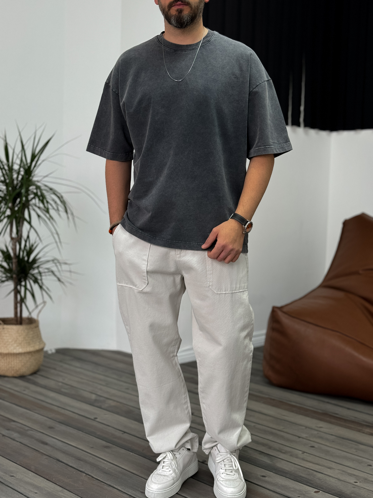 Antrasit Yıkamalı Oversize Basic Cotton T-Shirt DF-1219