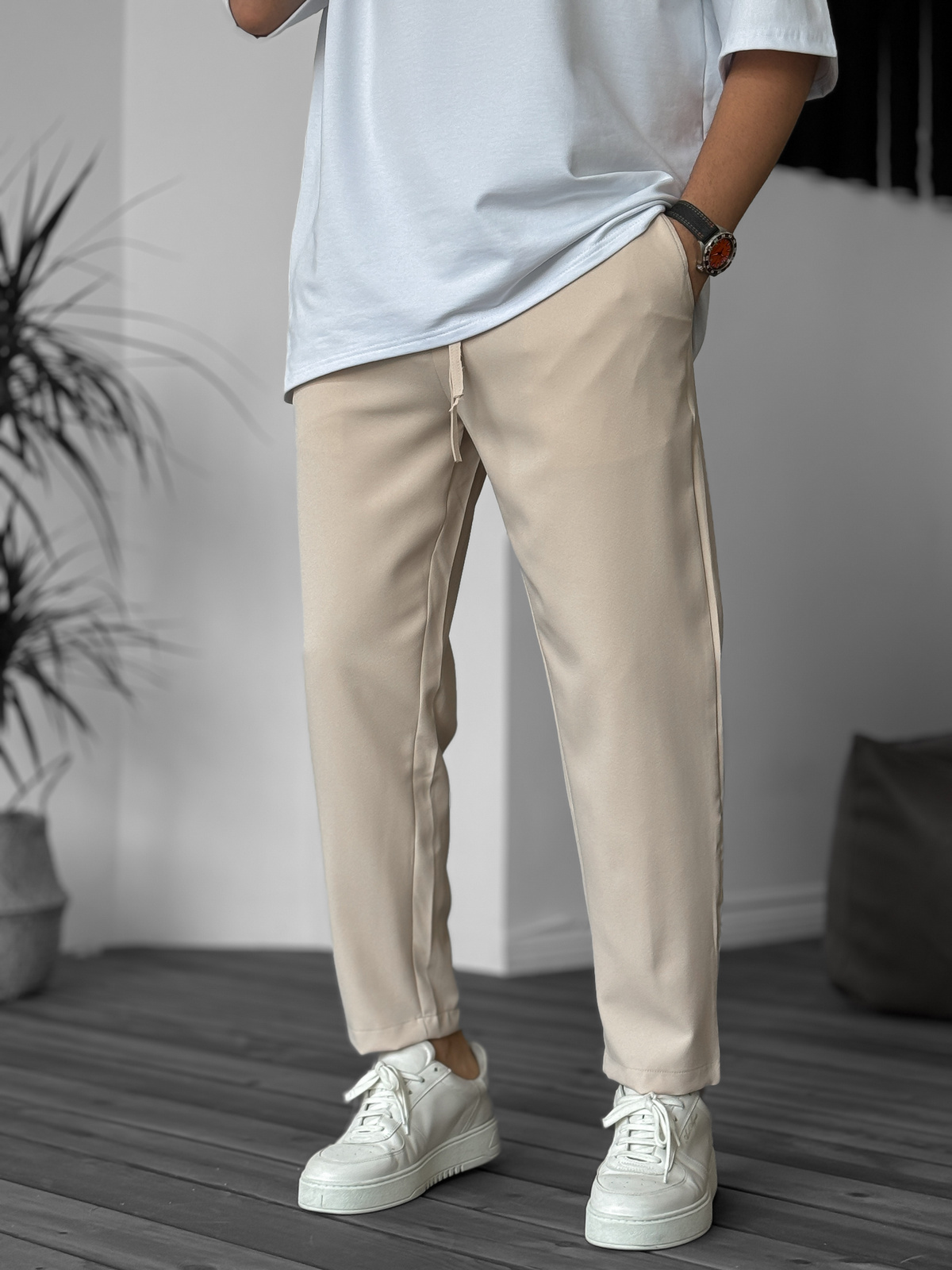 Bej Pileli Rahat Kesim Pantolon B-3022