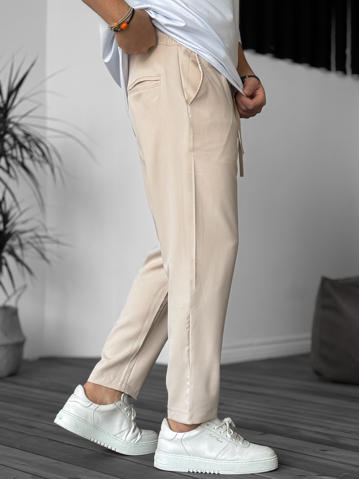 Bej Pileli Rahat Kesim Pantolon B-3022