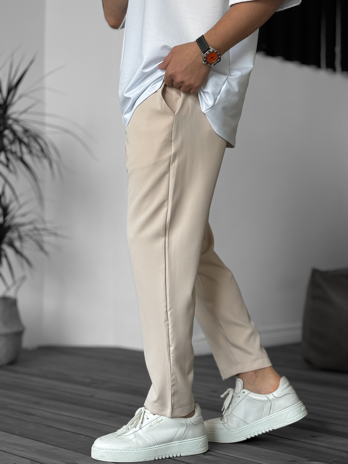 Bej Pileli Rahat Kesim Pantolon B-3022