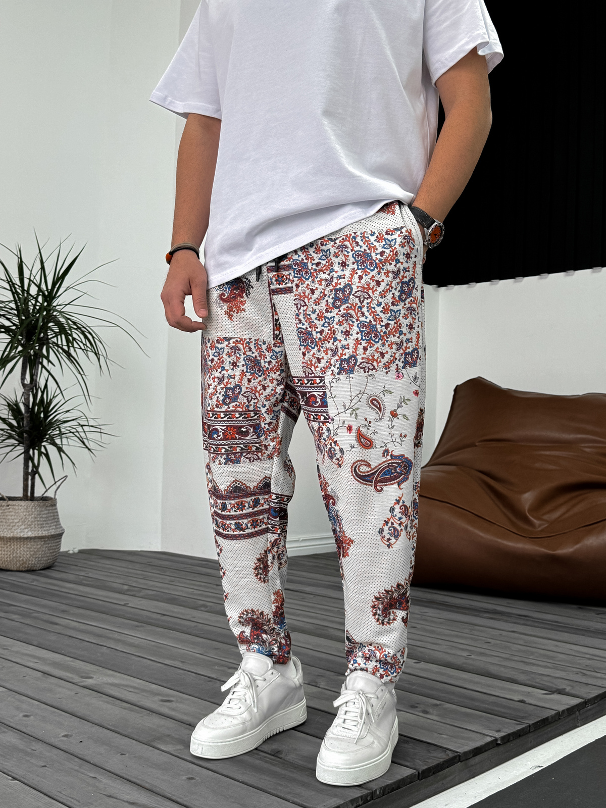 Ekru Çini Desenli Havuç Kesim Pantolon MX-8948