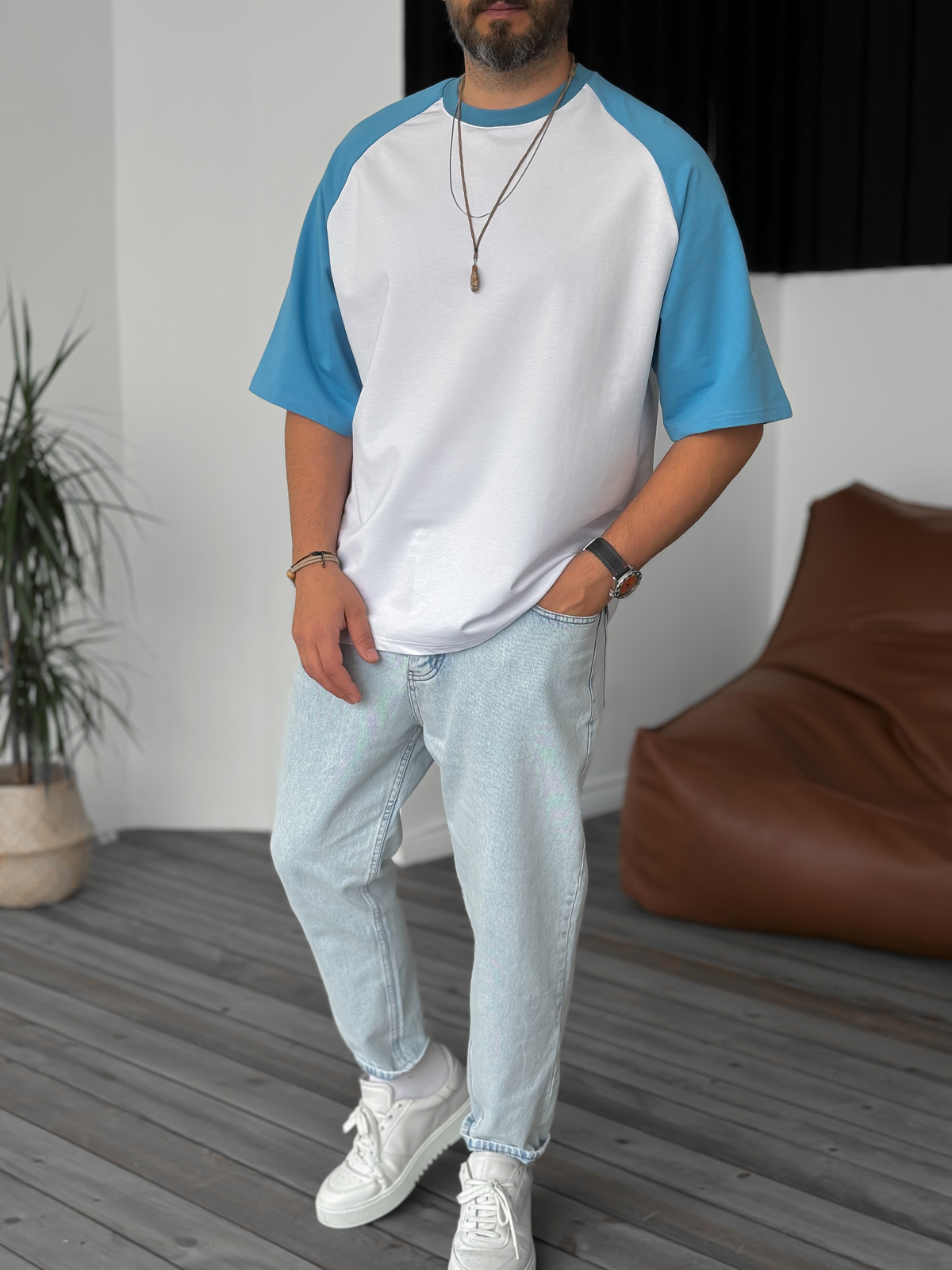 Beyaz Mavi Parçalı Basic Oversize T-Shirt DF-2001/2010