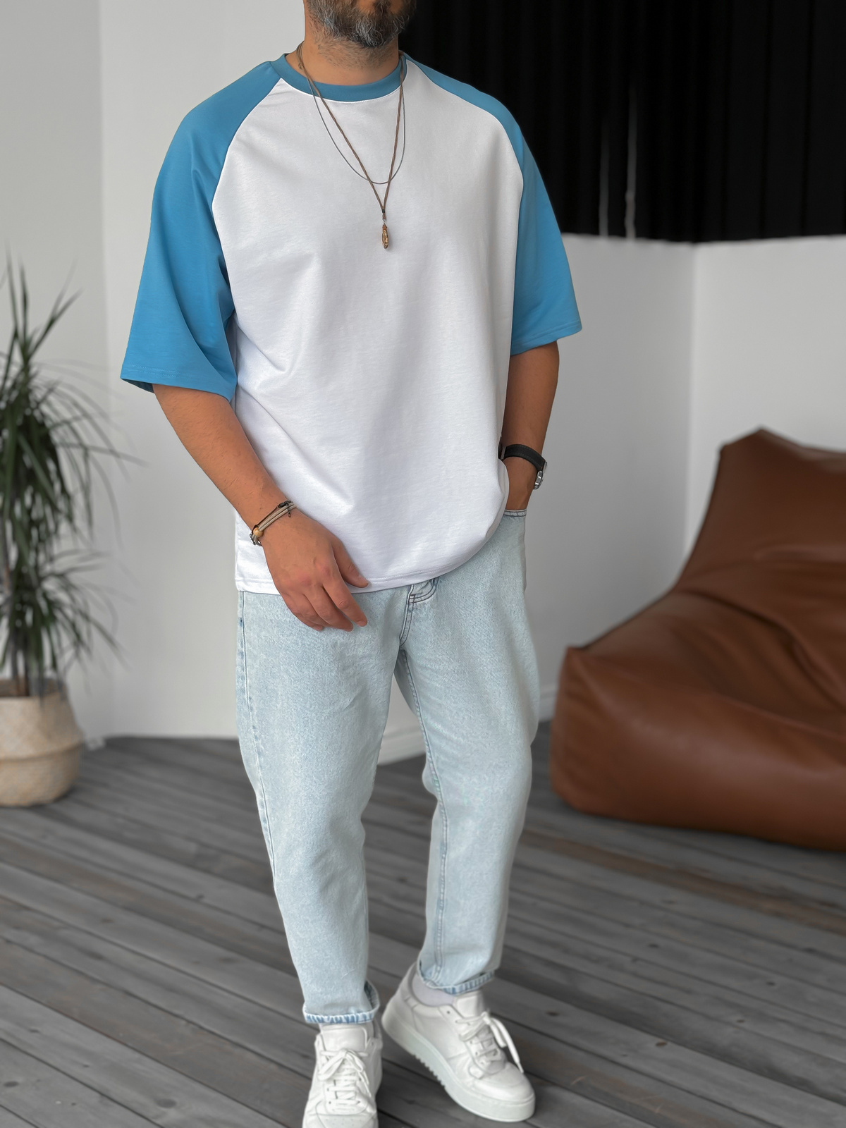 Beyaz Mavi Parçalı Basic Oversize T-Shirt DF-2001/2010