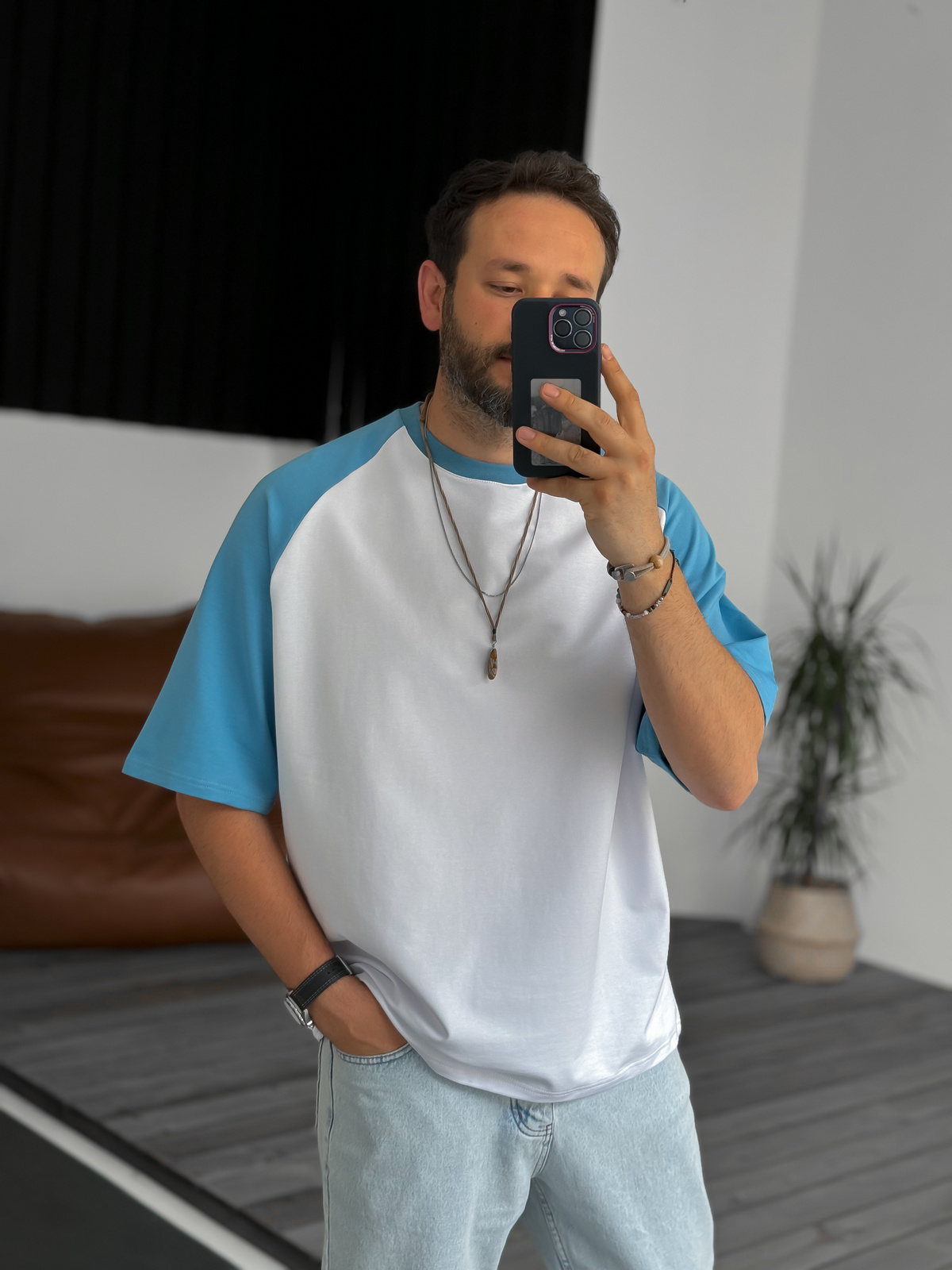 Beyaz Mavi Parçalı Basic Oversize T-Shirt DF-2001/2010