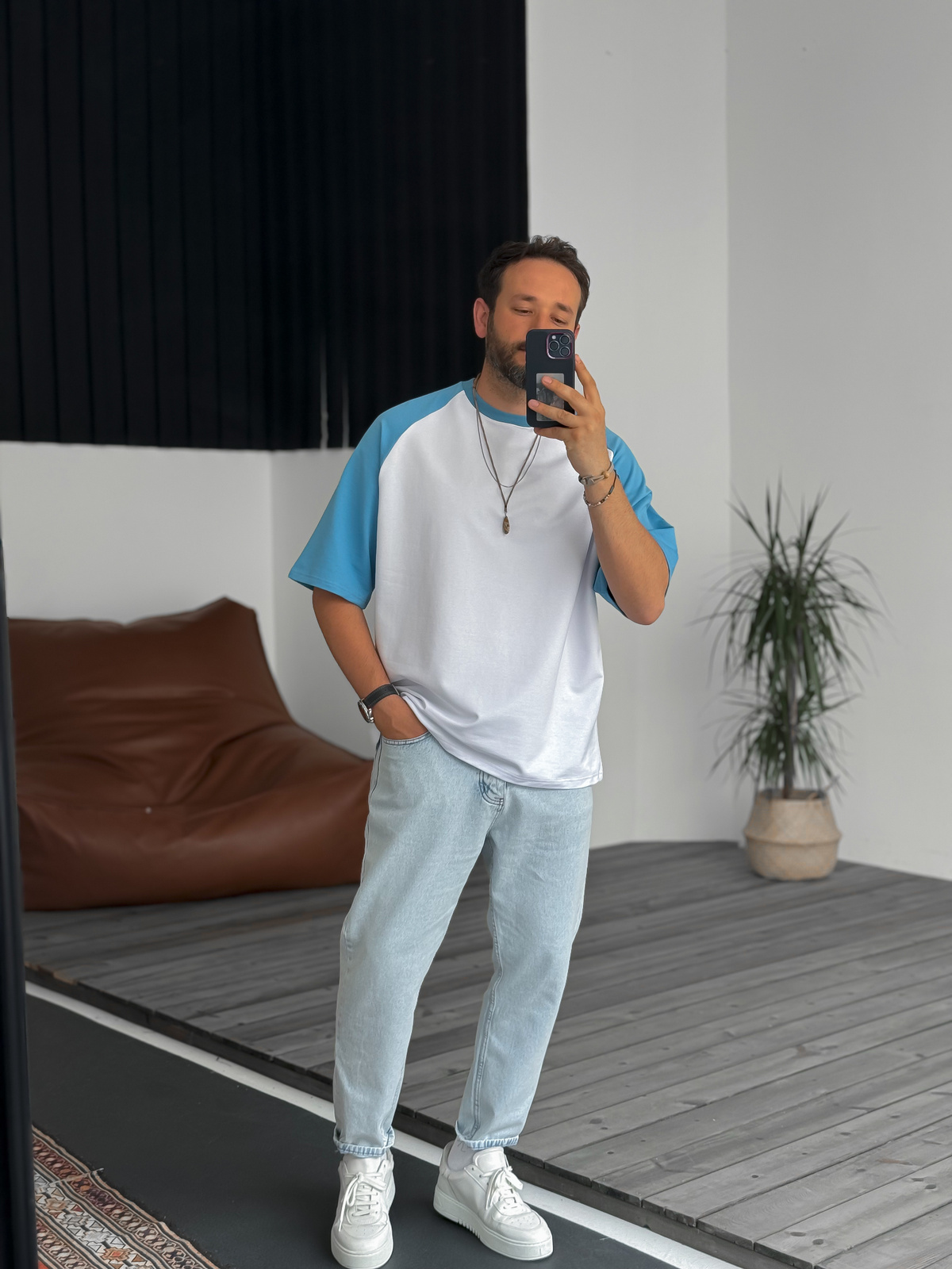 Beyaz Mavi Parçalı Basic Oversize T-Shirt DF-2001/2010